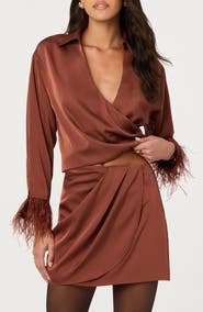 ASTR the Label Catrina Feather Accent Surplice Satin Top