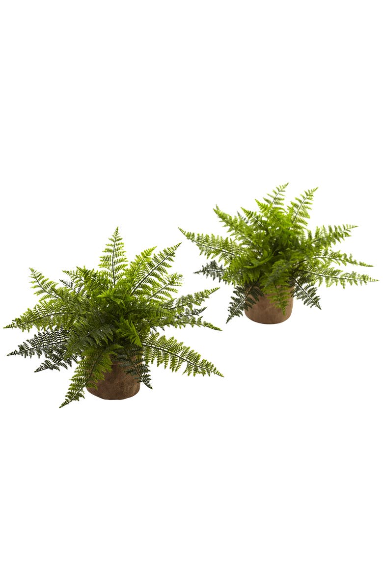 NEARLY NATURAL 15-in Ruffle Fern Bush with Burlap Base, Main, color, Green