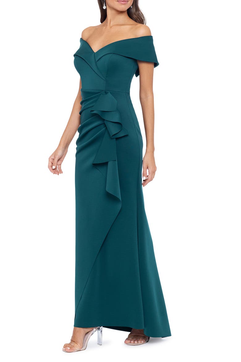 Off the Shoulder Ruffle Scuba Crepe Gown, Alternate, color, HUNTER