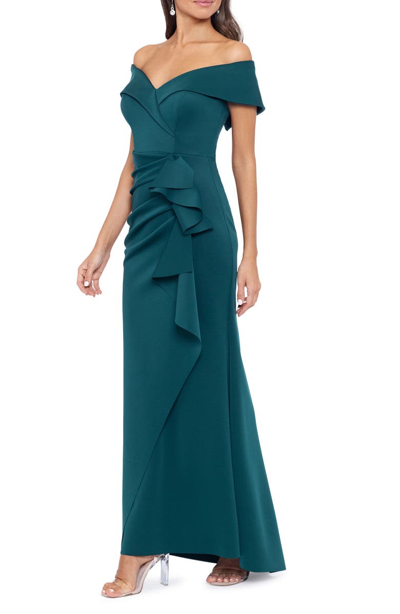 Xscape Evenings Off the Shoulder Ruffle Scuba Crepe Gown, Alternate, color, Hunter