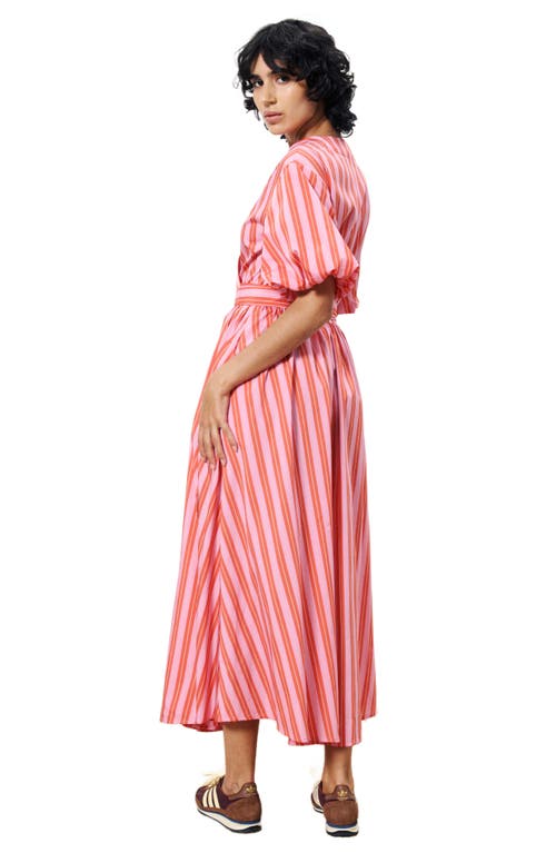 Frnch Aelia Stripe Short Sleeve Wrap Midi Dress In Pink In Pink