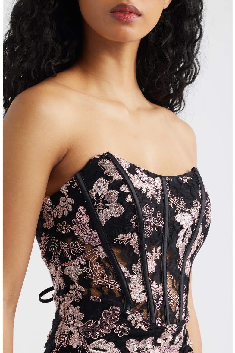Embroidered Lace Corset Strapless Gown, Alternate, color, BLACK / PINK
