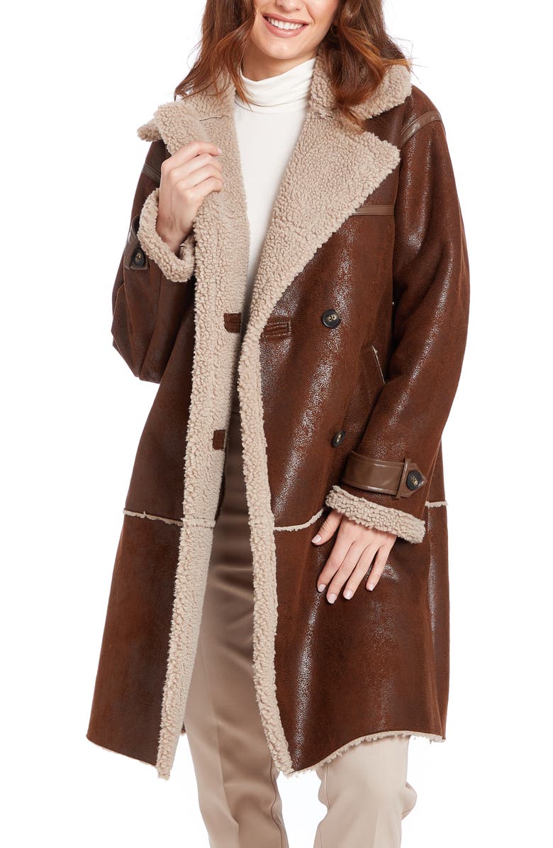 Frye Faux Shearling Lined Faux Leather Coat, Alternate, color, Luggage