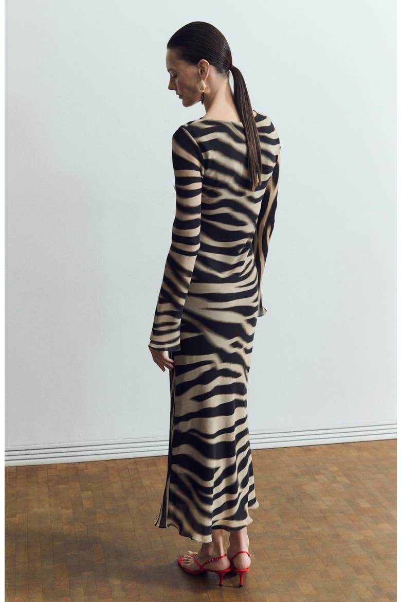 Abstract Zebra Stripe Long Sleeve Dress, Alternate, color, BLACK