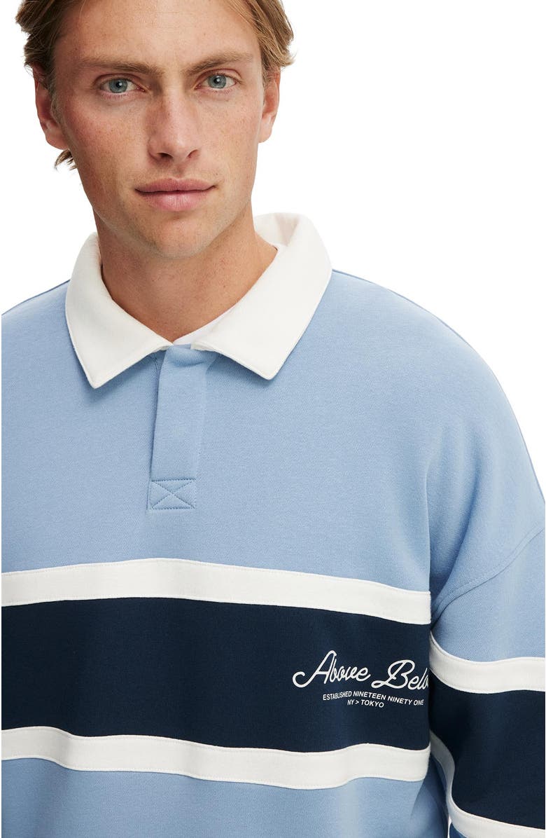 Cotton On Men's Cropped Fit Graphic Fleece Polo, Alternate, color, Riviera Blue Vintage White