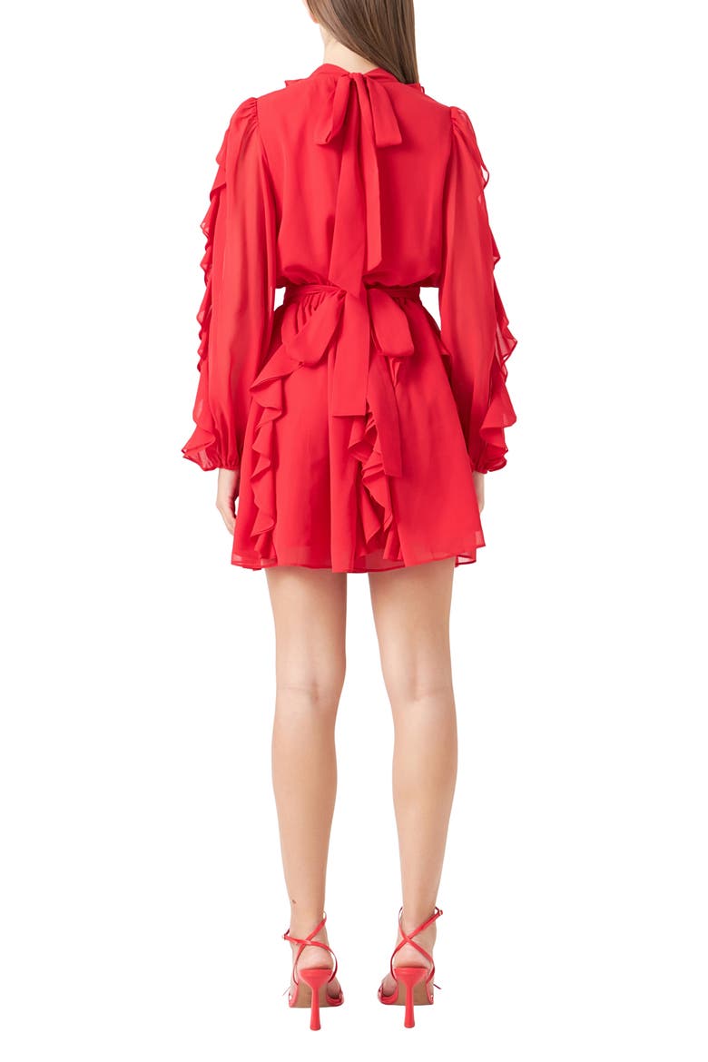 Ruffle Detail Long Sleeve Chiffon Minidress, Alternate, color, RED