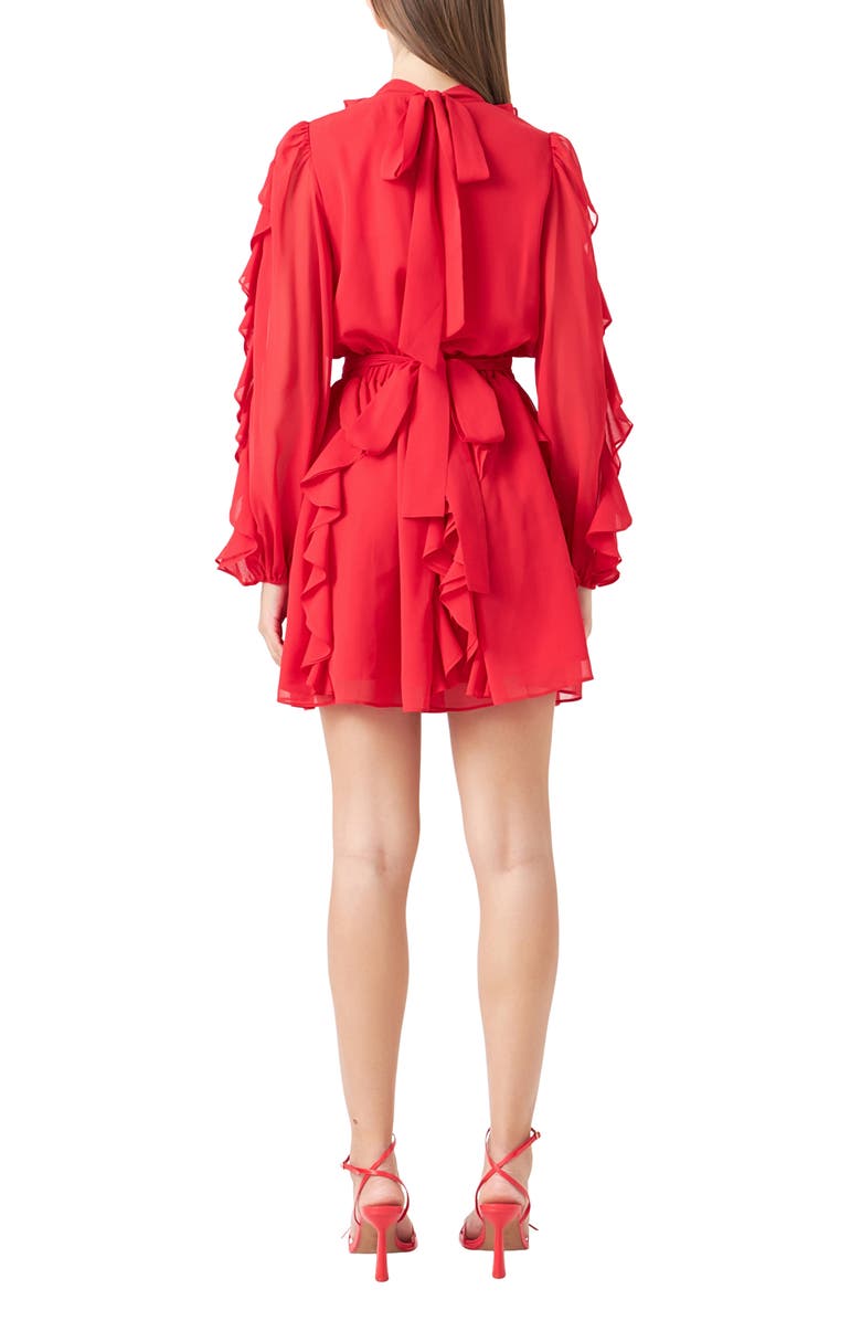 Endless Rose Ruffle Detail Long Sleeve Chiffon Minidress, Alternate, color, Red