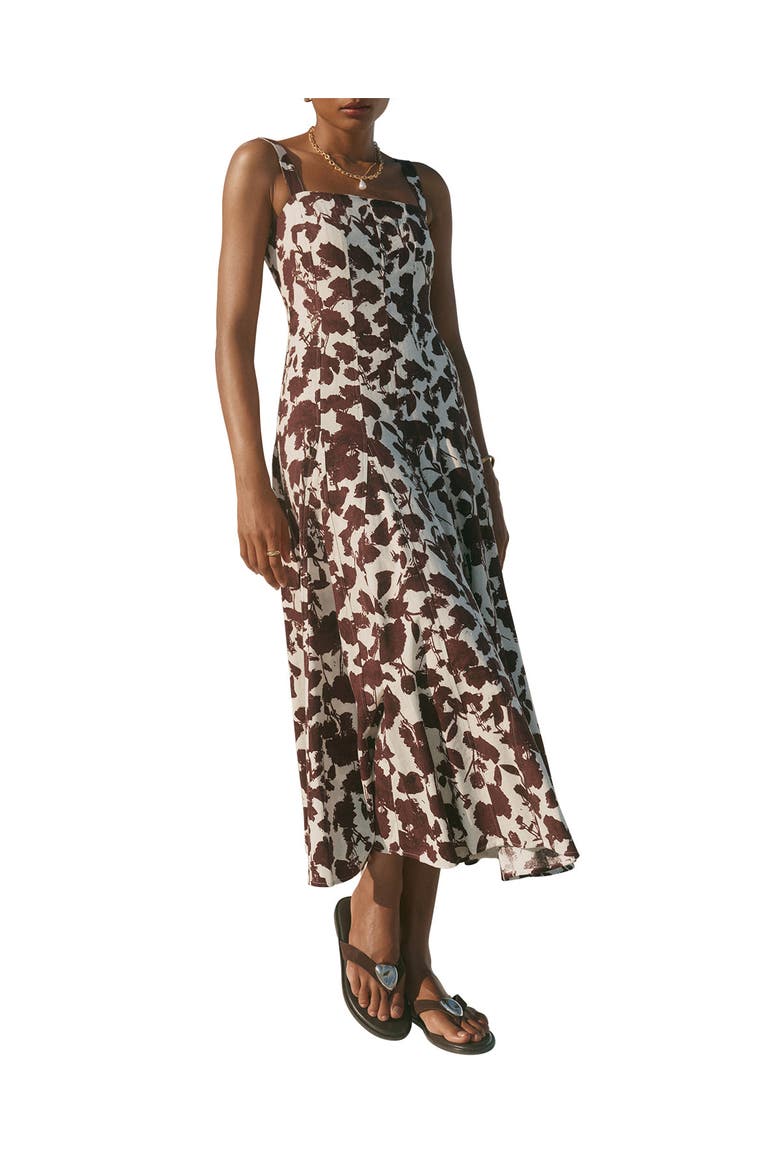 Linen Blend Printed Midi Dress, Alternate, color, Brown
