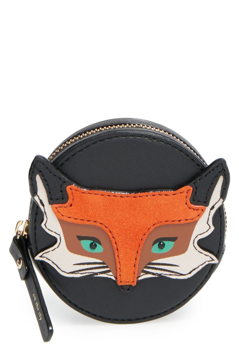 kate spade new york 'blaze a trail - fox' leather coin purse, Main, color, BLACK