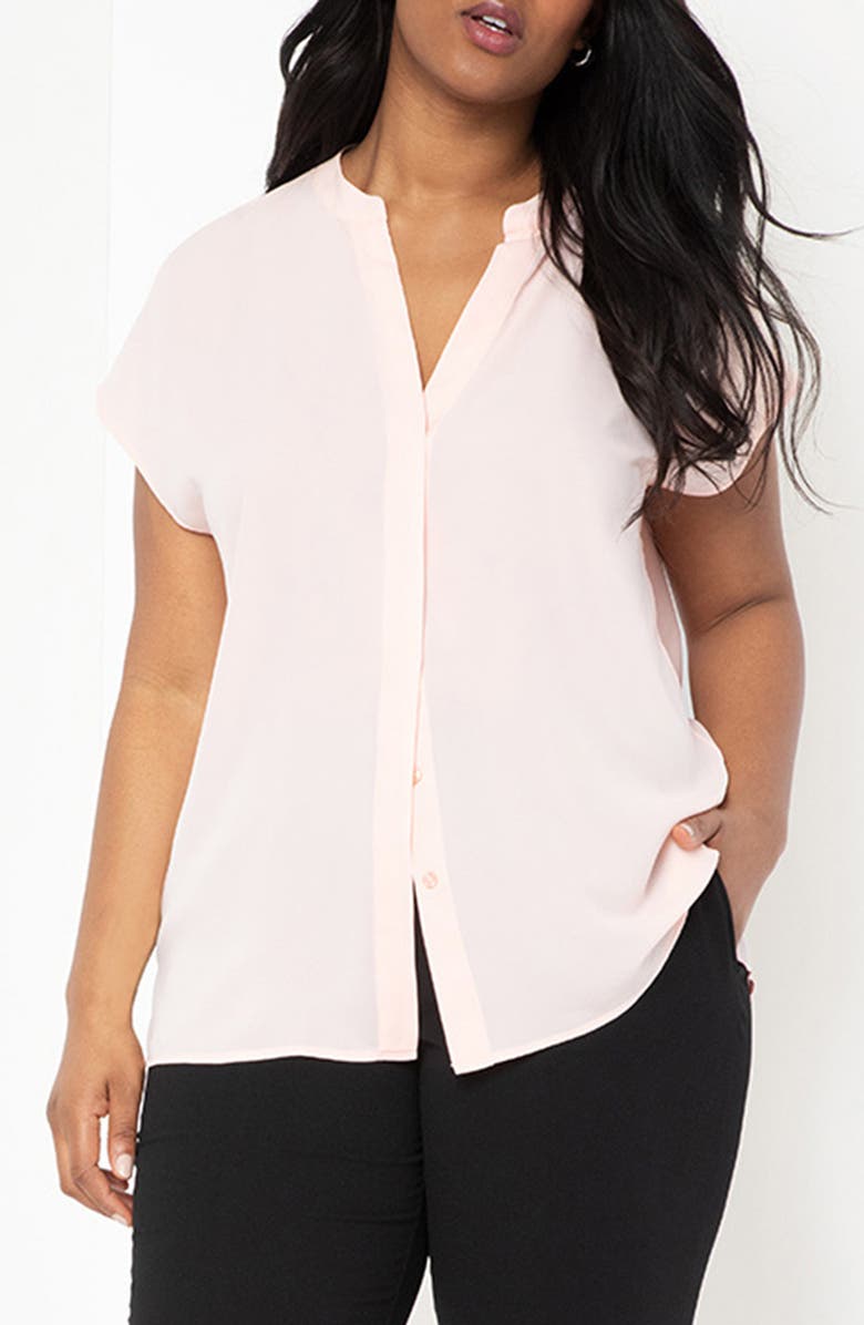 ELOQUII Short Sleeve Band Collar Shirt, Main, color, 