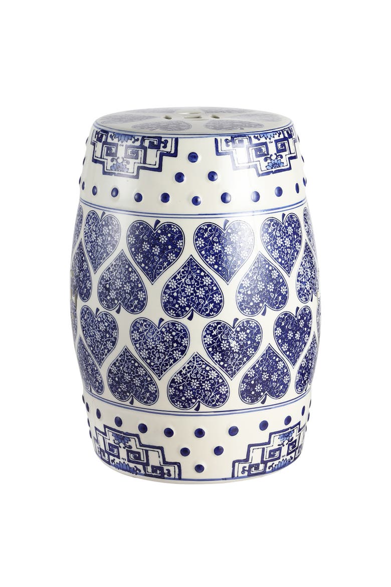 Happy Hearts Traditional Floral Chinoiserie Ceramic Drum Garden Stool, Pierced Indoor/Outdoor Patio Seat & Side Table, Main, color, Blue/White