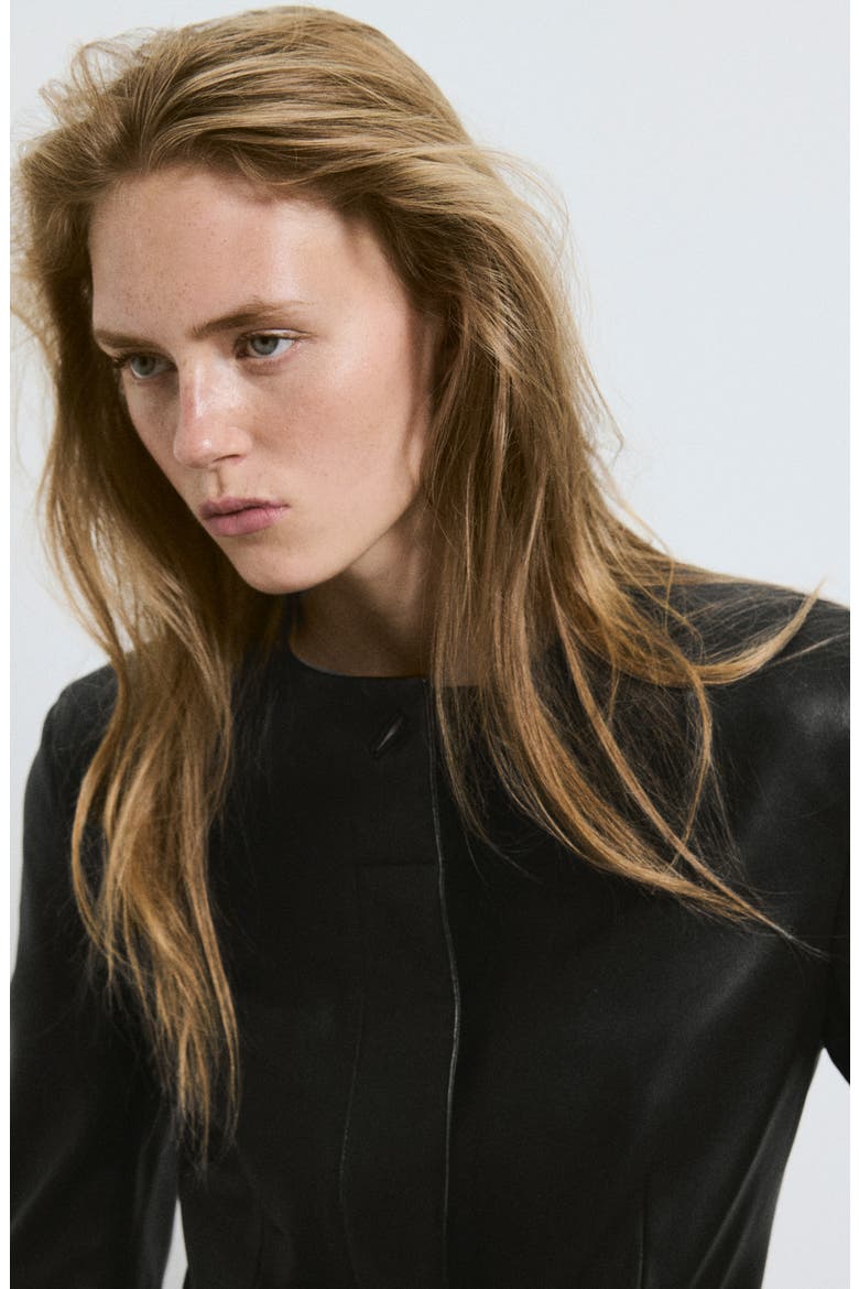 Round Neck Leather Blazer, Alternate, color, BLACK