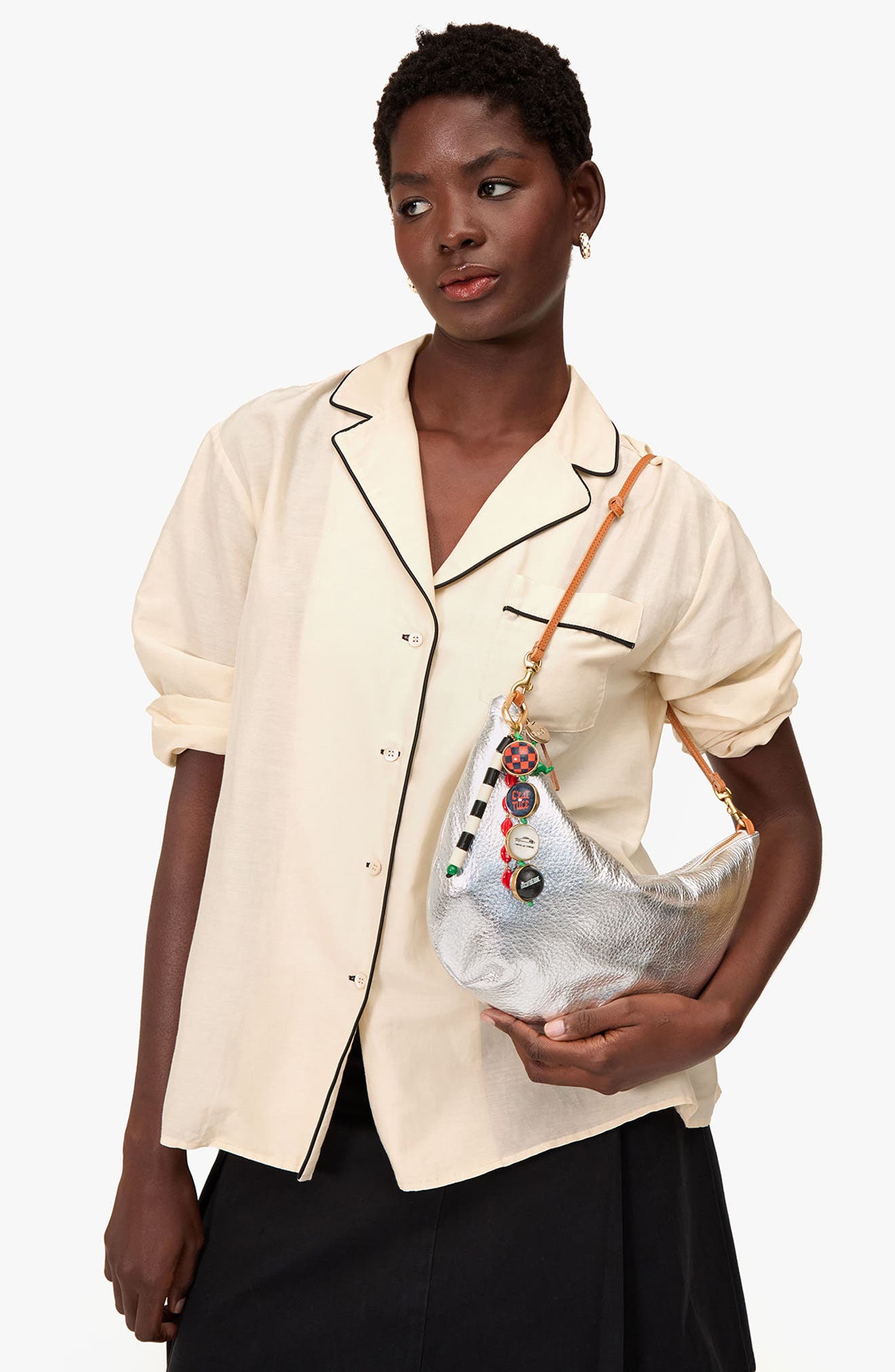 Clare V. Lune Metallic Leather Shoulder Bag, Alternate, color, Silver