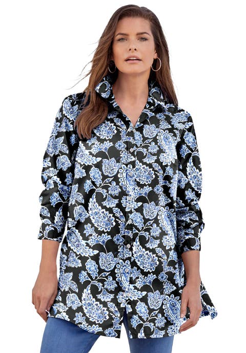 Kate Long-Sleeve Crisp Cotton-Blend Button-Front Tunic (Plus)