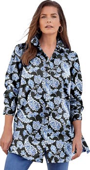 Roaman's Kate Long-Sleeve Crisp Cotton-Blend Button-Front Tunic