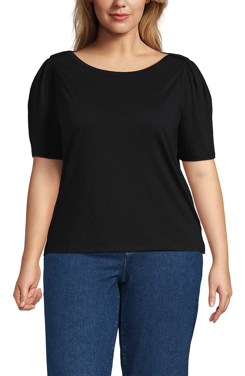 Lands' End Elbow Sleeve Supima Cotton Boatneck T-Shirt, Main, color, Black