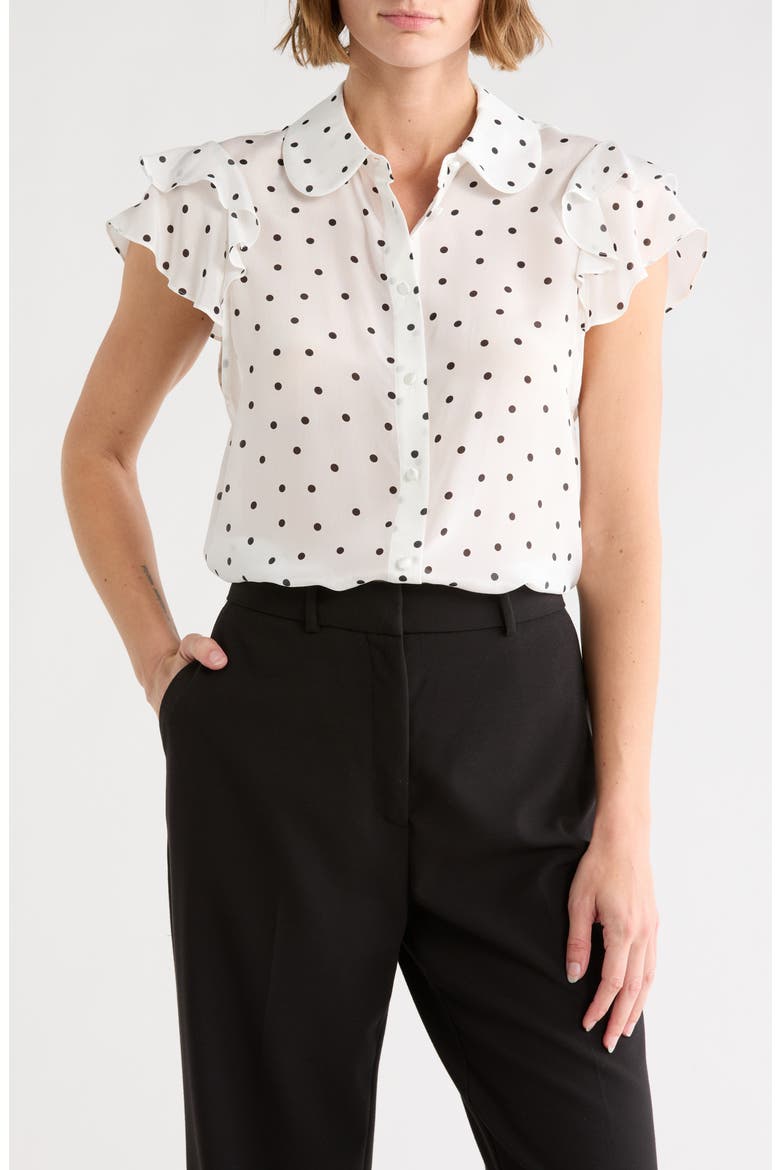 Ziggy Ruffle Sleeve Stretch Silk Button-Up Top, Main, color, CUTIE POLKA DOT ANTIQUE WHITE