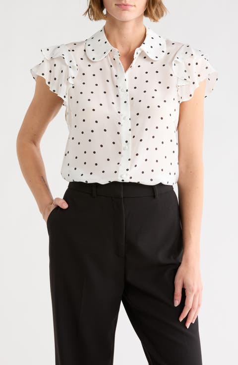 Ziggy Ruffle Sleeve Stretch Silk Button-Up Top