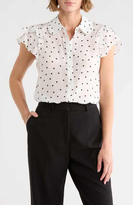Alice + Olivia Ziggy Ruffle Sleeve Stretch Silk Button-Up Top