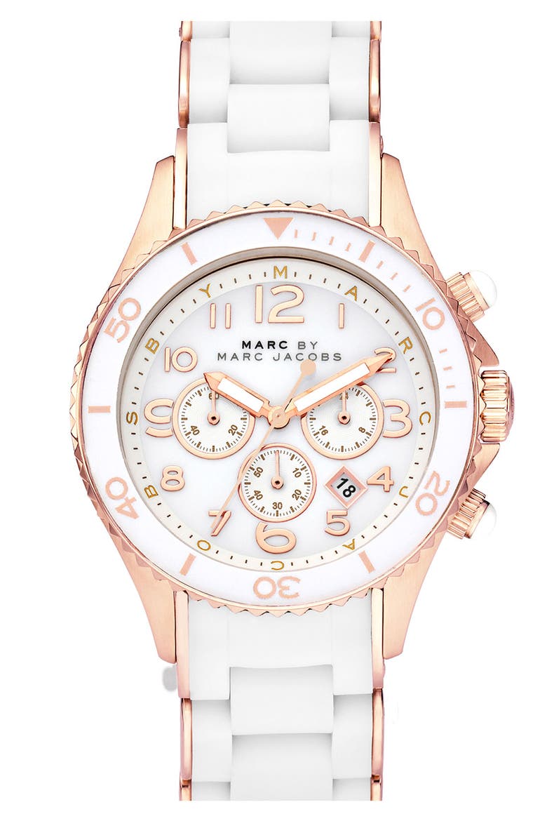 'Rock' Chronograph Silicone Bracelet Watch, 40mm, Main, color, ROSE GOLD/ WHITE