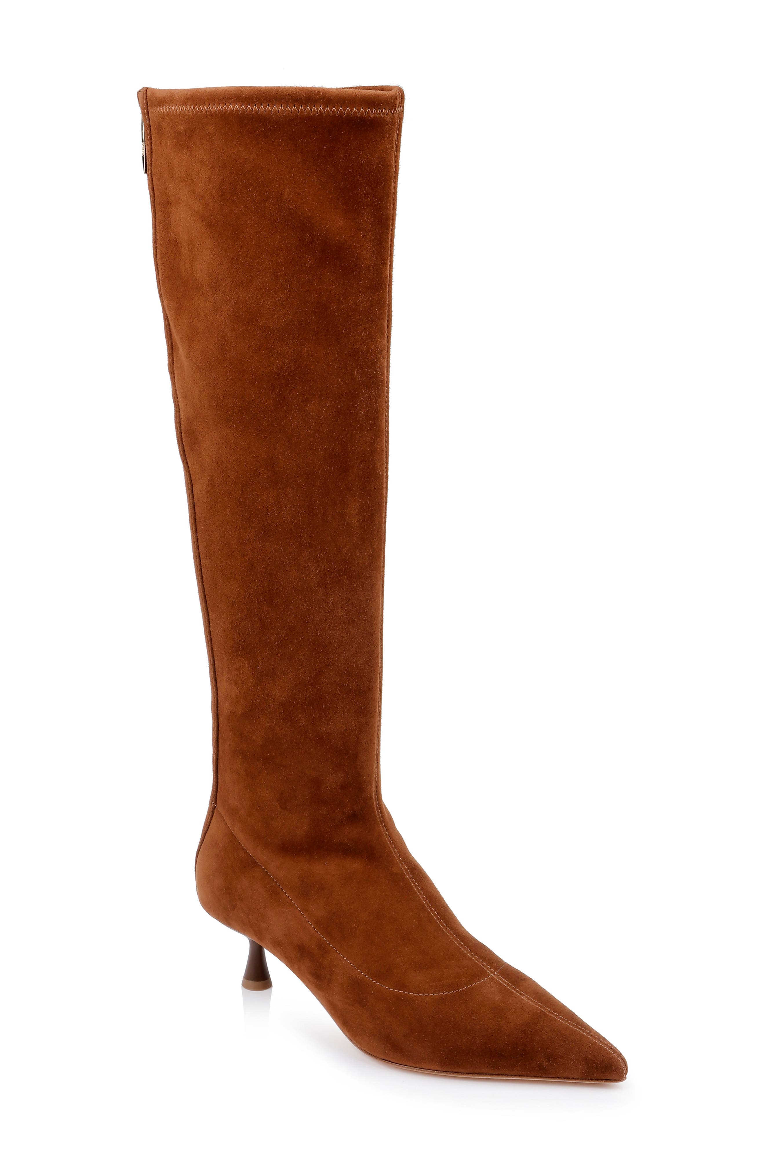 Emilie Pointed Toe Kitten Heel Knee High Boot, Main, color, BUCKSKIN SUEDE