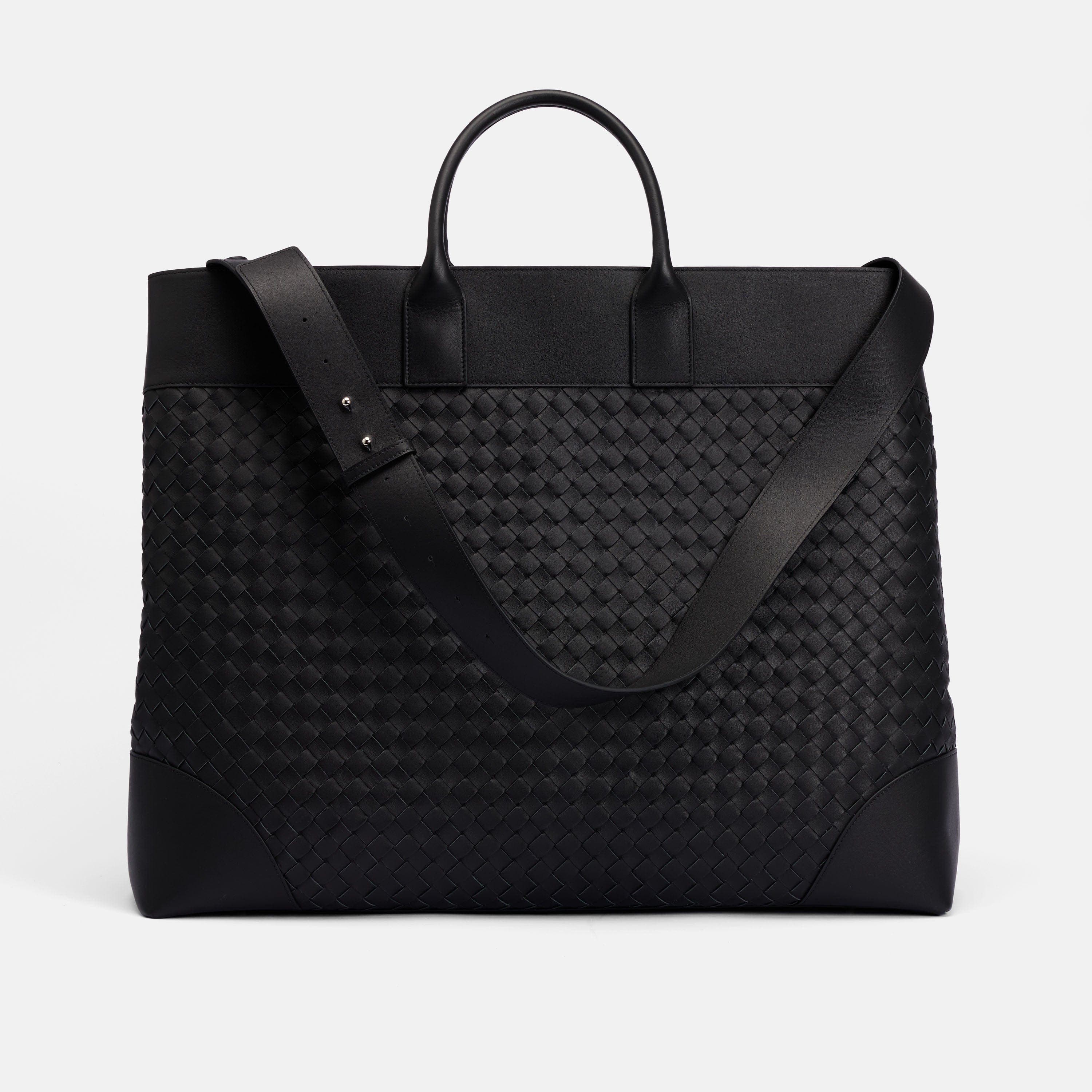 Large Woven Calfskin Leather Weekender, Alternate, color, Black