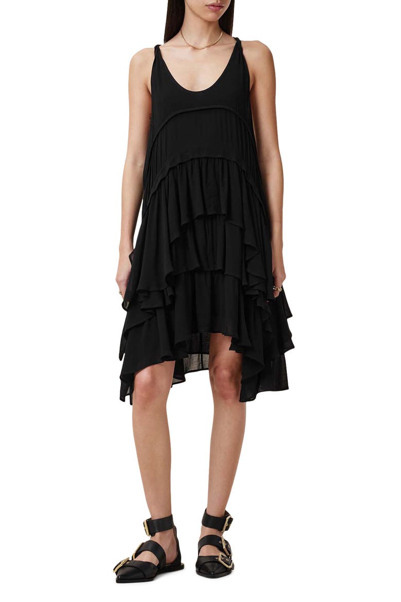Cavarly Tiered Asymmetric Hem Dress, Main, color, BLACK