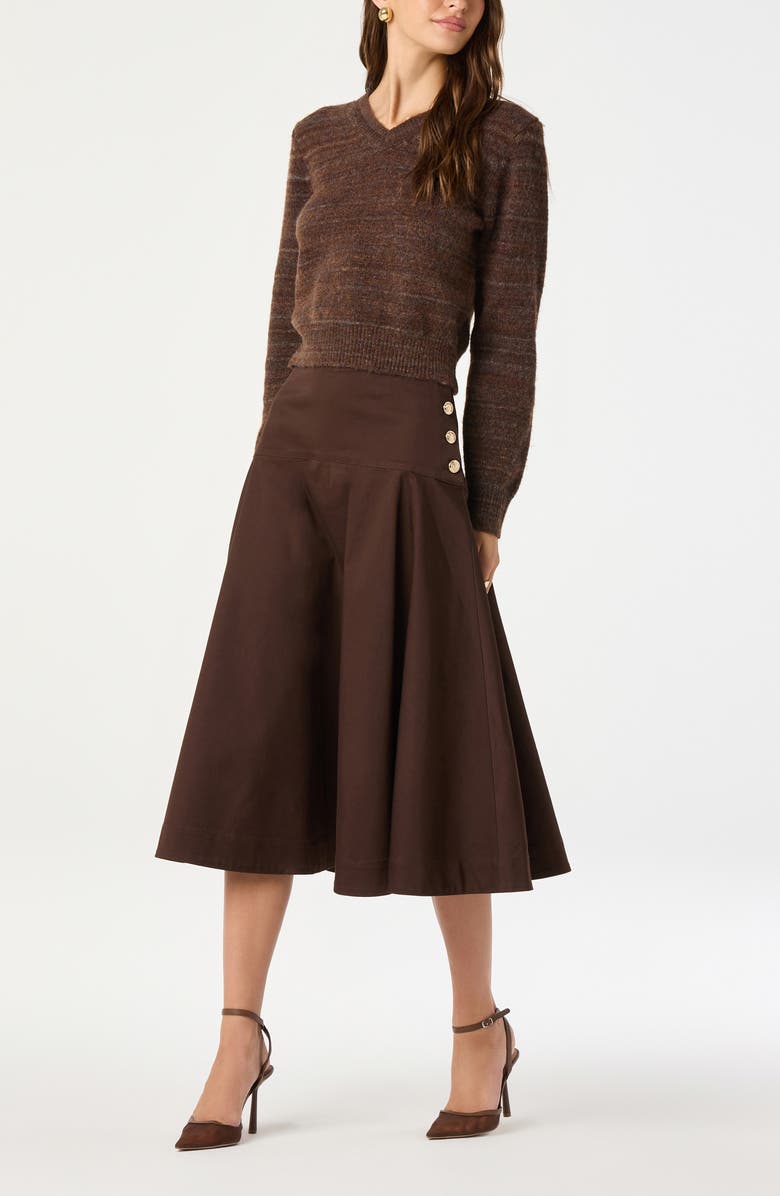 ASTR the Label Drop Waist Stretch Cotton Midi Skirt, Alternate, color, Brown