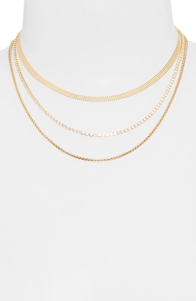 NORDSTROM RACK Set of 3 Mesh, Box Chain & Cubic Zirconia Tennis Necklaces, Alternate, color, Clear- Gold