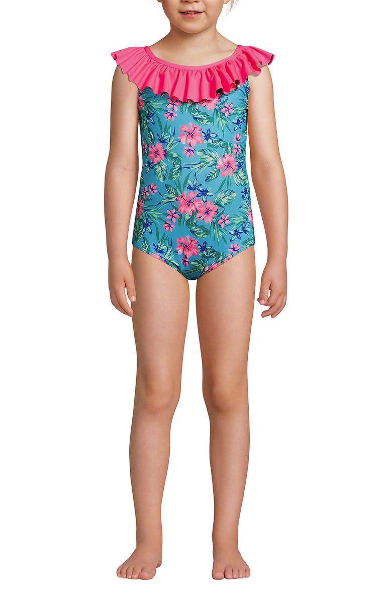 Girls Plus Size Ruffle One Piece Swimsuit, Main, color, Turquoise Rosella Floral
