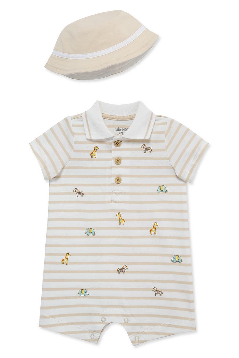 Embroidered Cotton Romper & Hat Set, Main, color, BEING MULTI