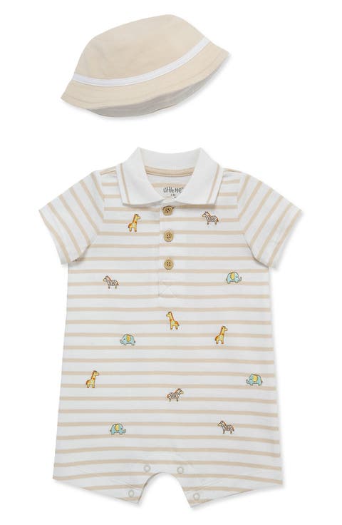Embroidered Cotton Romper & Hat Set (Baby)
