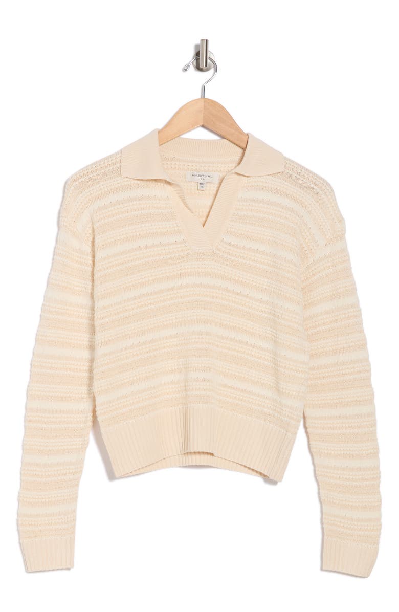 Habitual Stripe Cotton Johnny Collar Sweater, Alternate, color,