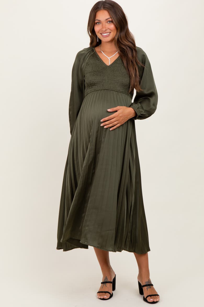 Satin Smocked Pleated Midi Dress, Main, color, Olive Green