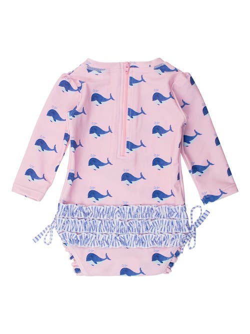 Rufflebutts Baby Girls Long Sleeve Upf50+ One Piece Rash Guard In Pink Whale Friends