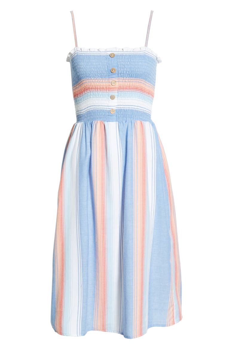 Smocked Bodice Stripe Midi Dress, Alternate, color, BLUE CORAL