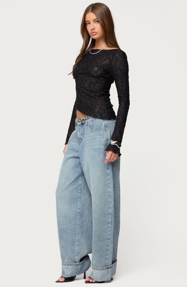 EDIKTED Mare Rhinestone Asymmetric Sheer Lace Top, Alternate, color,