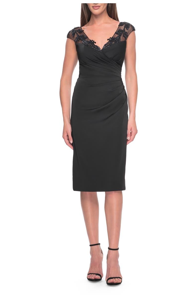 La Femme Short Satin Evening Dress with Beaded Details, Main, color, Black