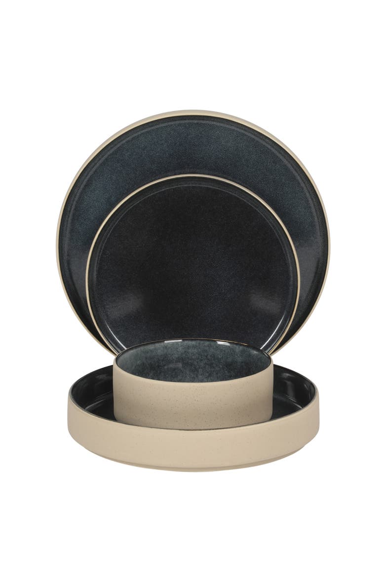 Liberty Bay 16-Piece Stoneware Stackable Plates and Double Bowl Dinnerware Set, Alternate, color, Blue