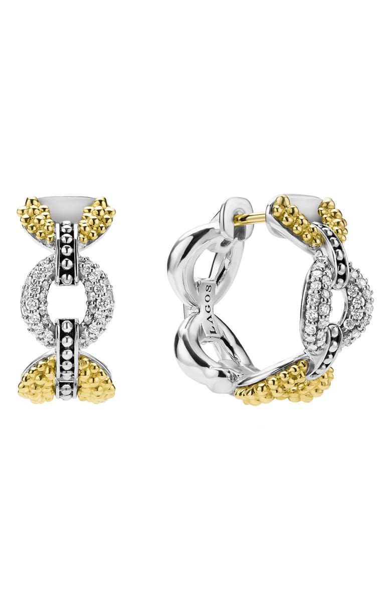 LAGOS Caviar Lux 2-Tone Petite Link Diamond Hoop Earrings, Main, color, Sterling Silver