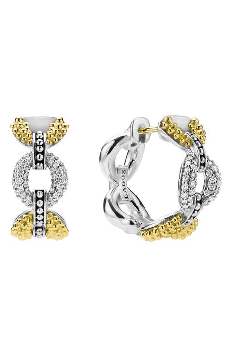 Caviar Lux 2-Tone Petite Link Diamond Hoop Earrings