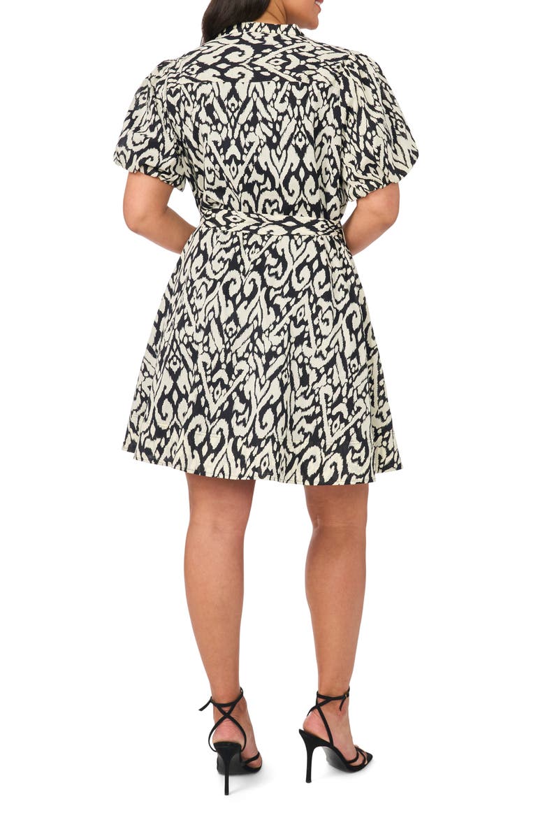 Ikat Print Puff Sleeve A-Line Minidress, Alternate, color, RICH BLACK