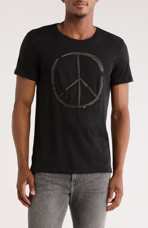 Peace Sign Raw Edge Cotton Graphic T-Shirt