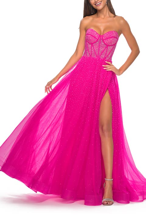 Rhinestone Embellished A-line Tulle Gown with Corset Top