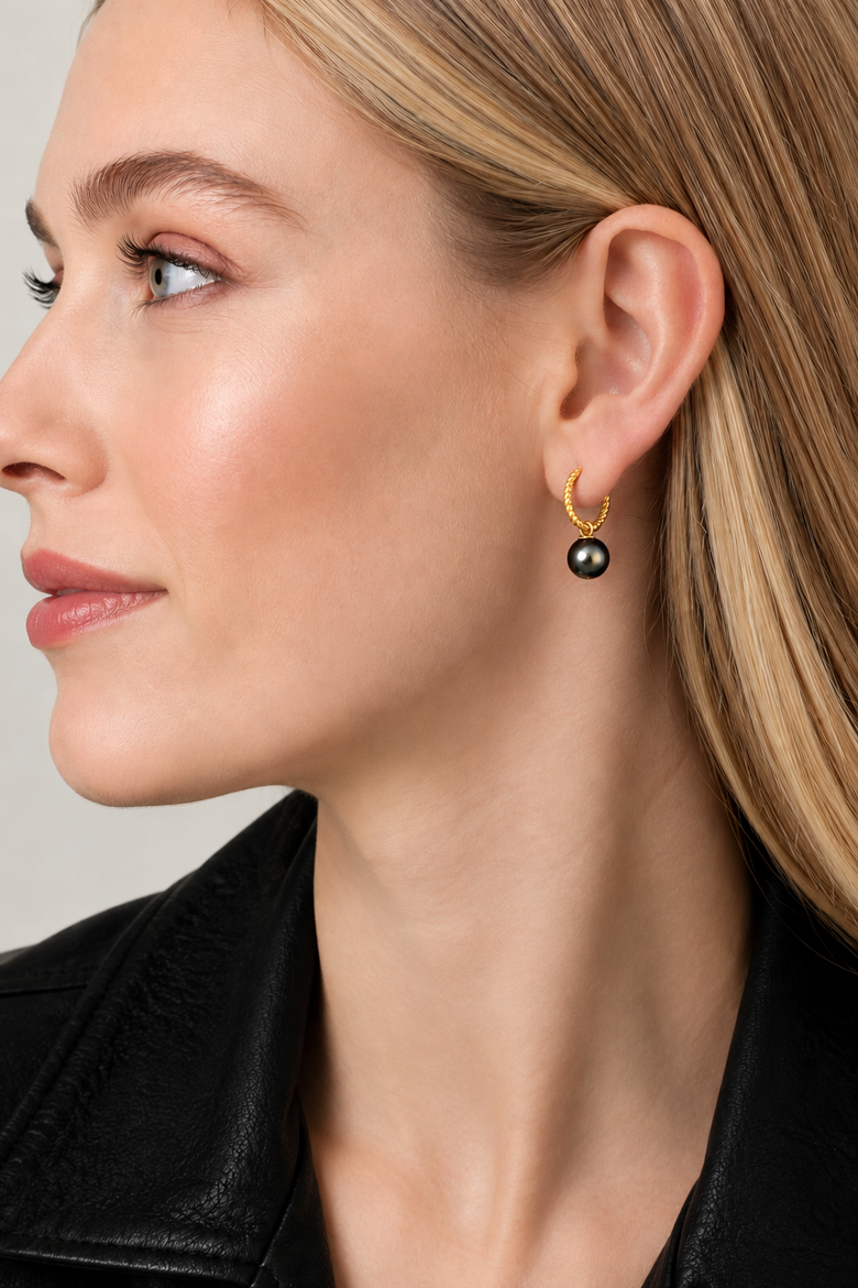 Tahitian South Sea Pearl Hoop Via Earrings, Alternate, color, Yellow Gold