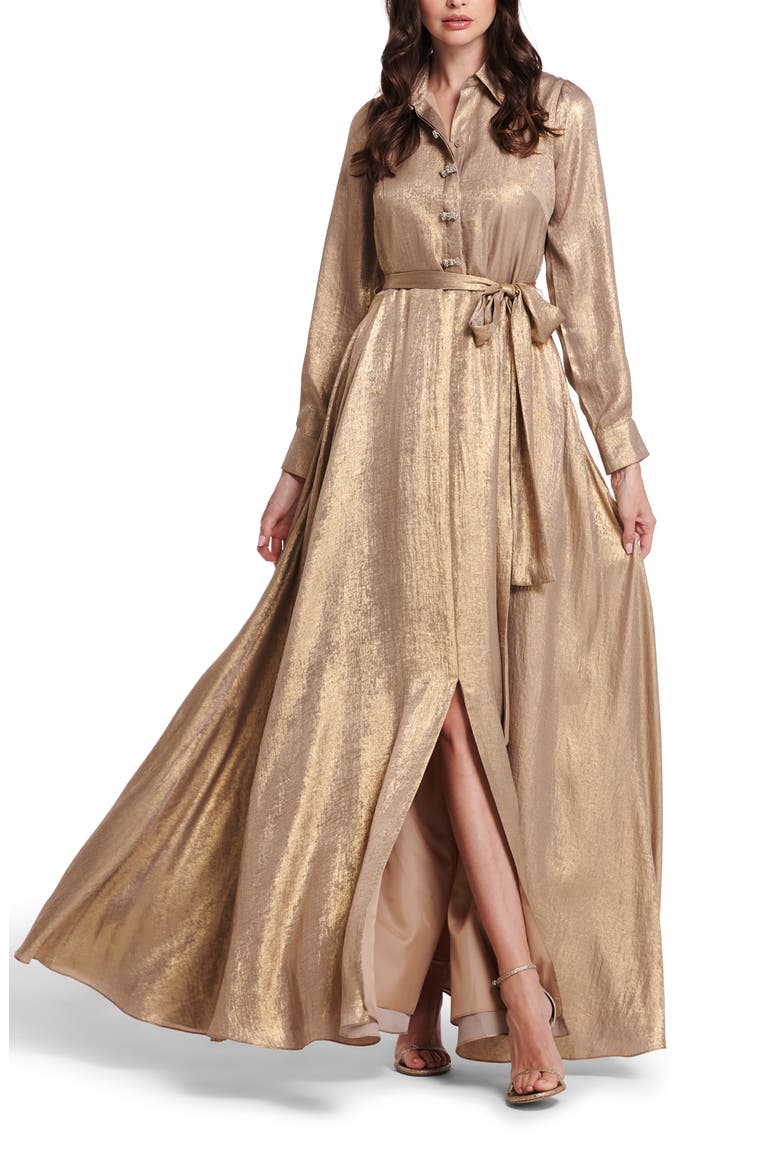 Foil Long Sleeve Chiffon Gown, Alternate, color, GOLD