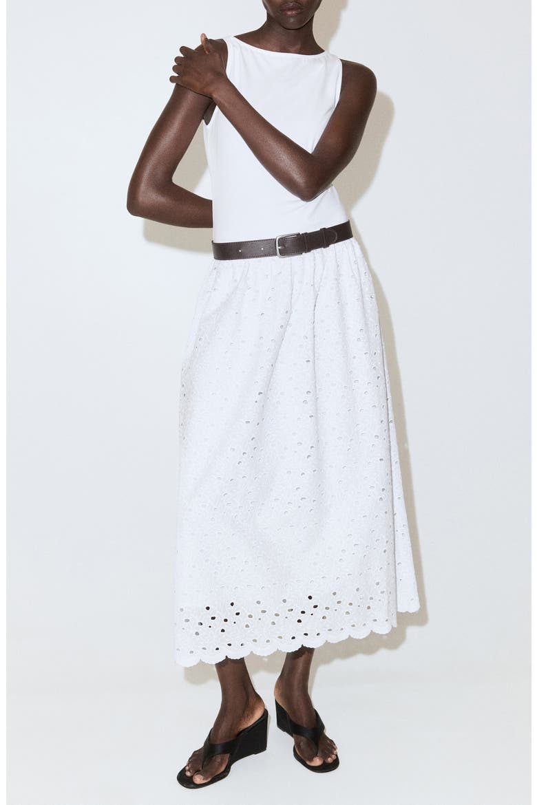 Openwork Embroidered Stretch Cotton Midi Dress, Main, color, WHITE