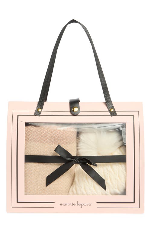 Nanette Lepore Faux Fur Pompom Beanie & Scarf Gift Set In Neutral