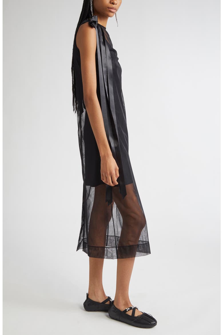 Bow Detail Sheer Tulle Midi Dress, Alternate, color, BLACK