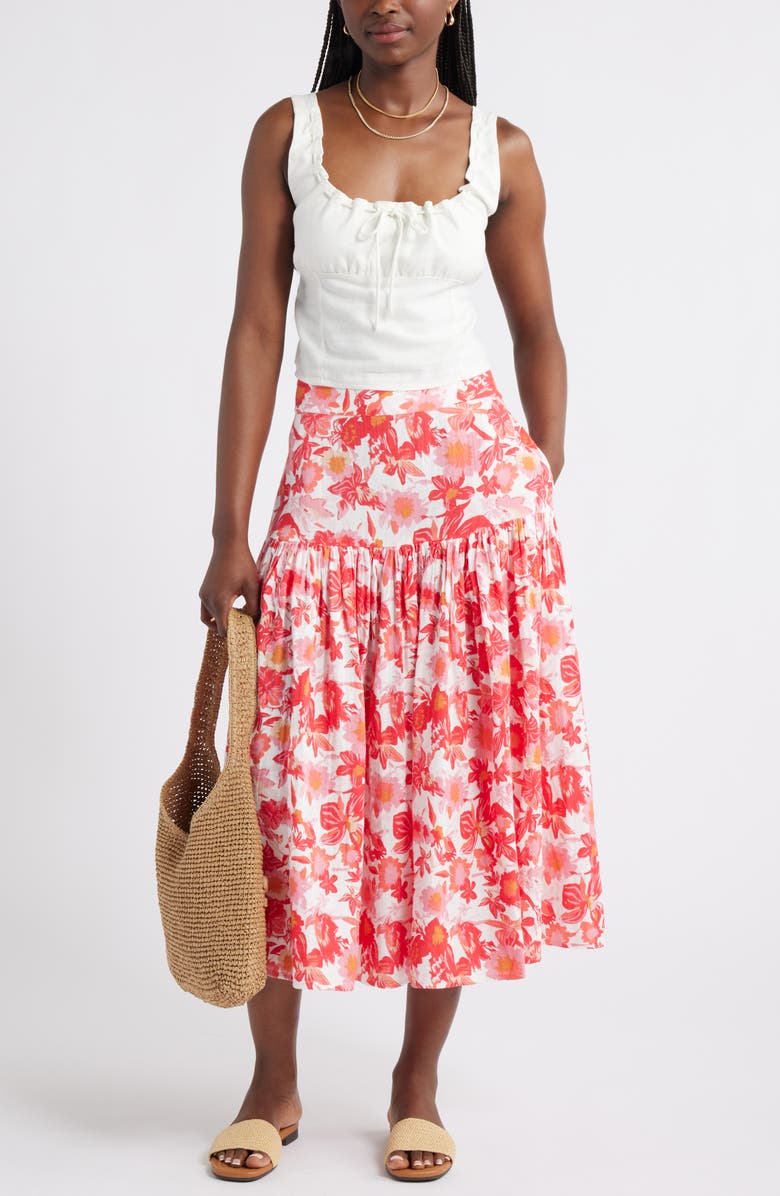 Caslon<sup>®</sup> Cotton Gauze Midi Skirt, Alternate, color, Ivory- Coral Palm Floral